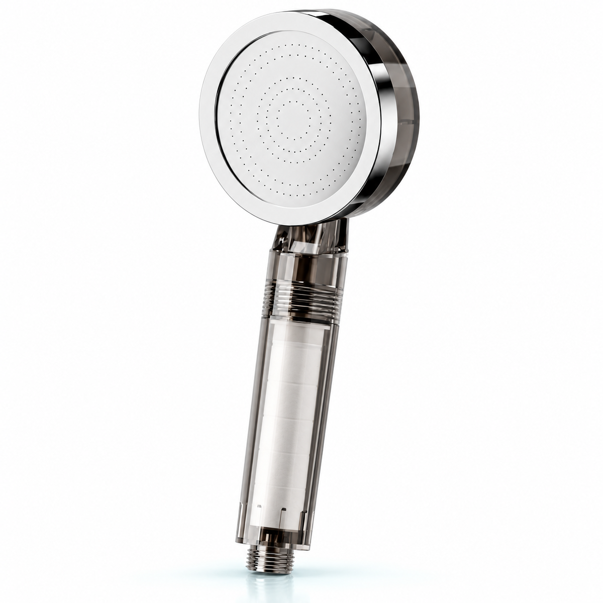 Smoky grey travel filtered handheld shower head with installed cartridge