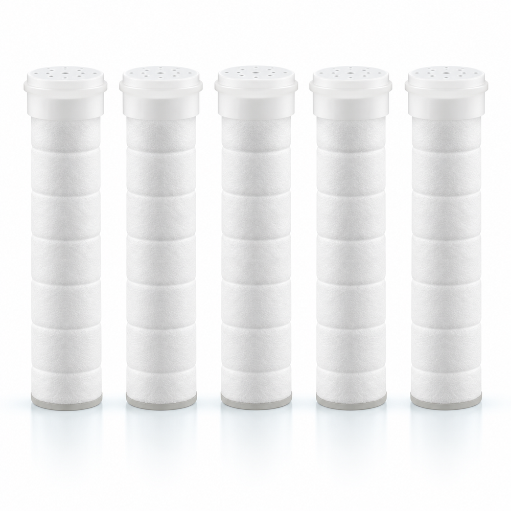 Five replacement filter cartridges for travel shower head