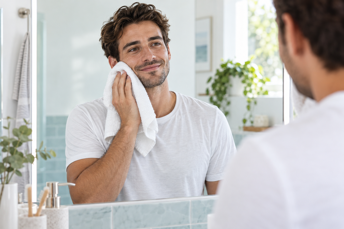 Man gently patting his face dry in a bright bathroom
