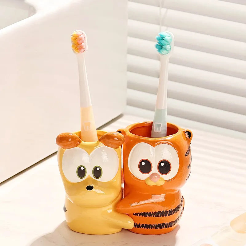 Cartoon Animal Ceramic Toothbrush Holder Set — Kids Bathroom Cup Duo, Dog & Tiger Design