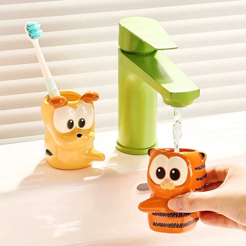 Cartoon Animal Ceramic Toothbrush Holder Set — Kids Bathroom Cup Duo, Dog & Tiger Design