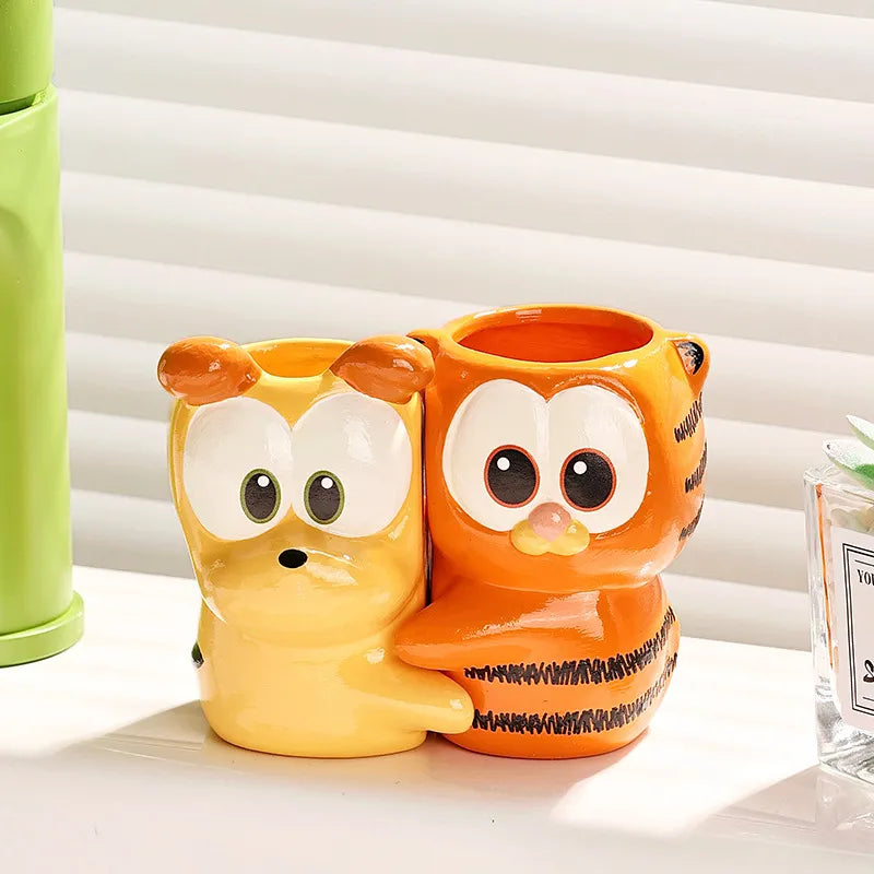 Cartoon Animal Ceramic Toothbrush Holder Set — Kids Bathroom Cup Duo, Dog & Tiger Design