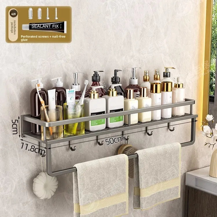 Wall-Mounted Bathroom Storage Shelf — No Drill | Dual Layer | Metal Organizer 15.7 Inch