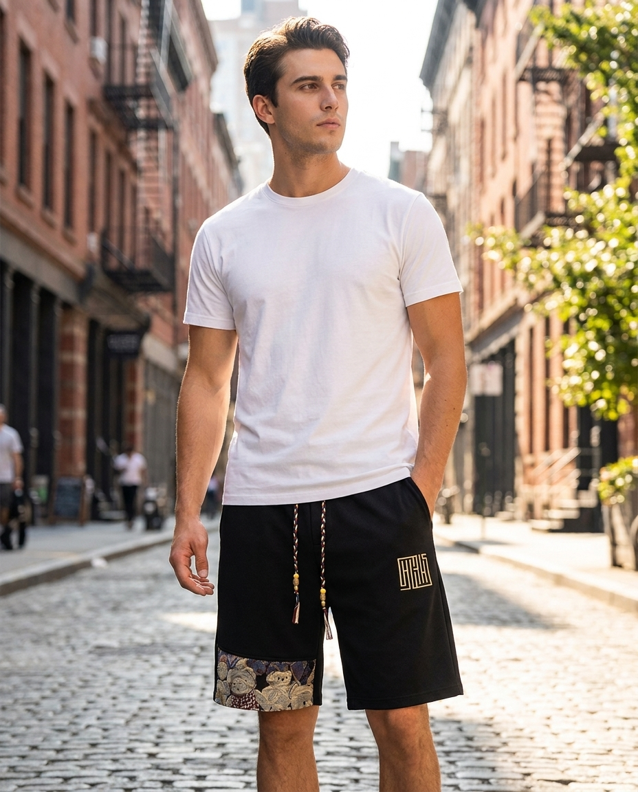 Tapestry Patch Shorts — Heavyweight Waffle Knit