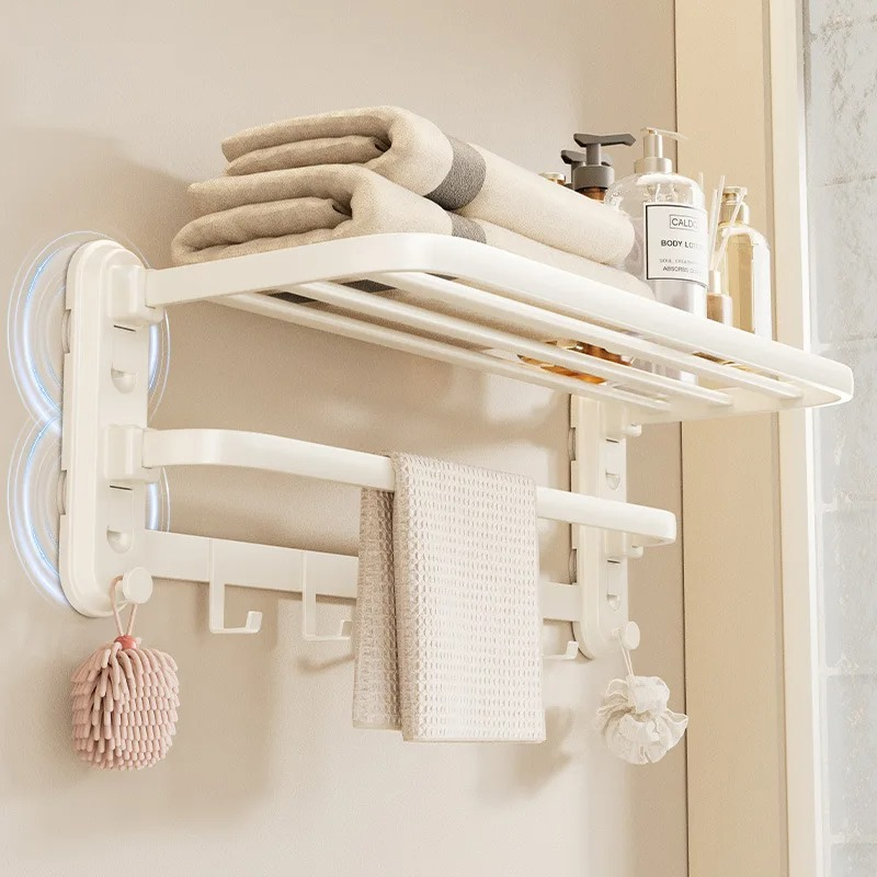 Suction Cup Towel Rack — No Drill Wall Mount | Foldable Rustproof Bathroom Organizer Shelf