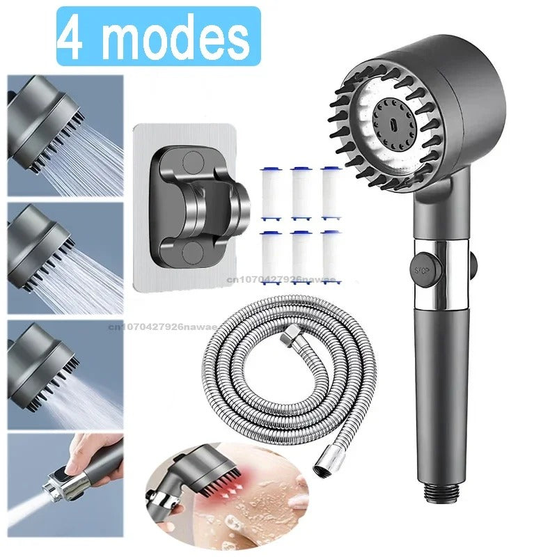 Filtered High Pressure Shower Head — One-Touch Water Stop | Massage Settings | Bathroom