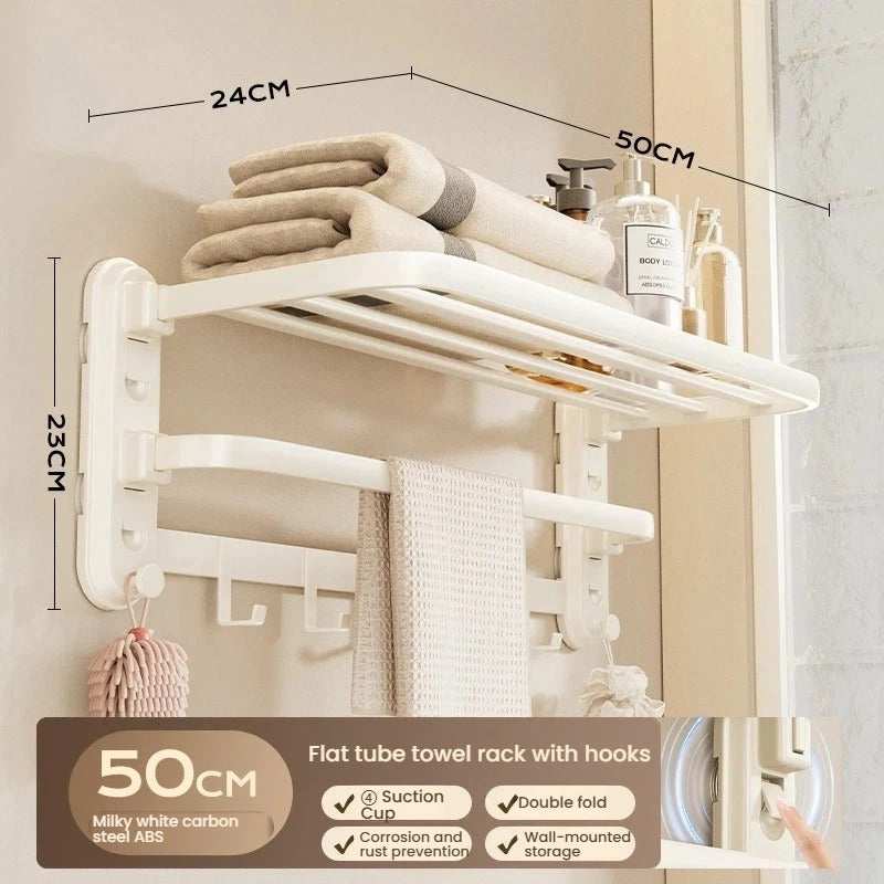 Suction Cup Towel Rack — No Drill Wall Mount | Foldable Rustproof Bathroom Organizer Shelf