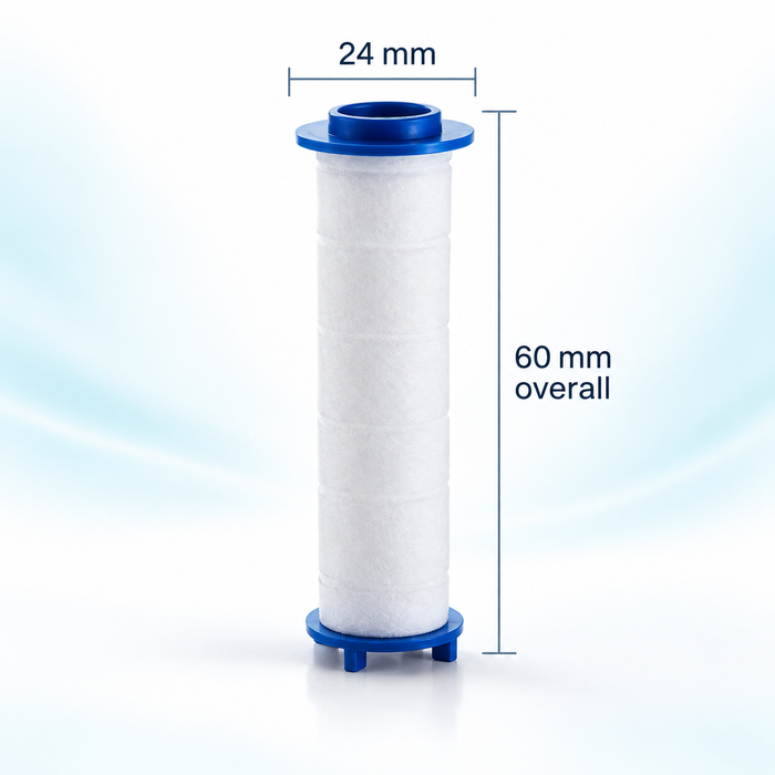 White PP cotton shower filter cartridge, 60 mm overall length and 24 mm flange diameter