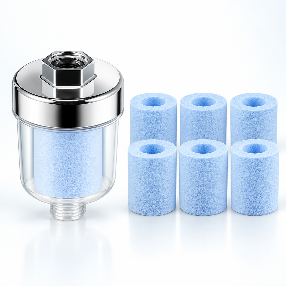 Clear inline shower filter with six blue replacement cartridges