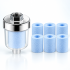 Clear inline shower filter with six blue replacement cartridges