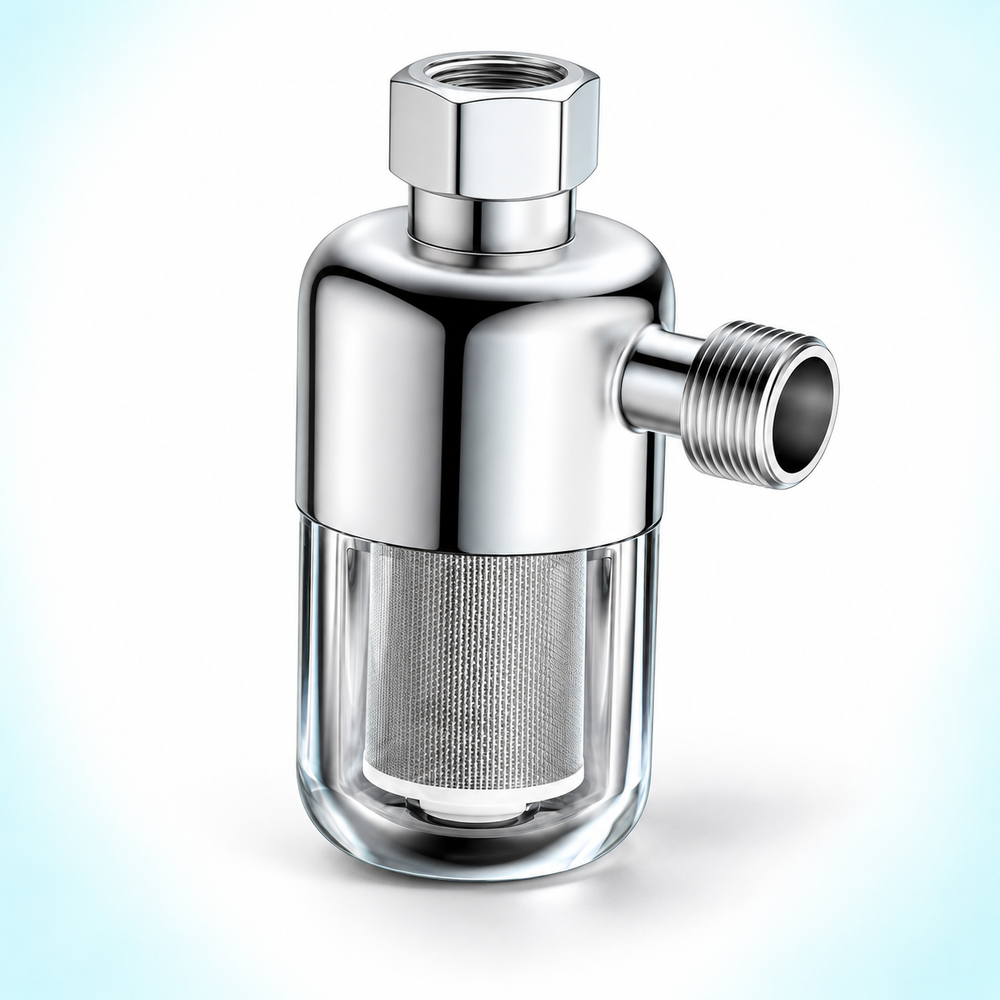 Chrome-finish right-angle water filter with clear bowl and washable mesh cartridge
