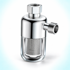 Chrome-finish right-angle water filter with clear bowl and washable mesh cartridge