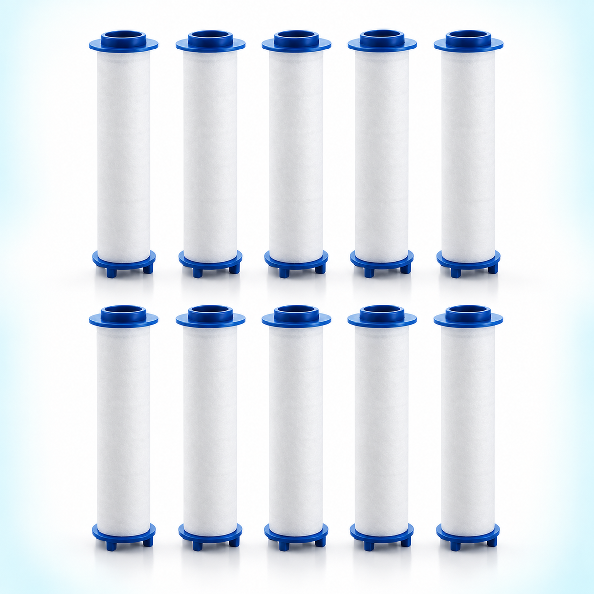 10 blue-cap PP cotton shower filter cartridges, 115 mm overall length