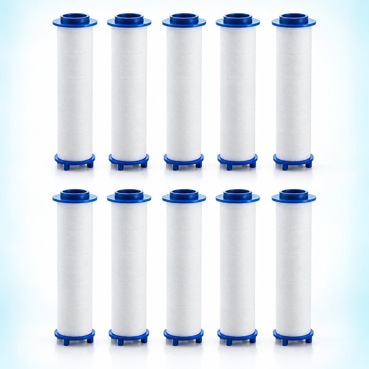 10 blue-cap PP cotton shower filter cartridges, 130 mm overall length