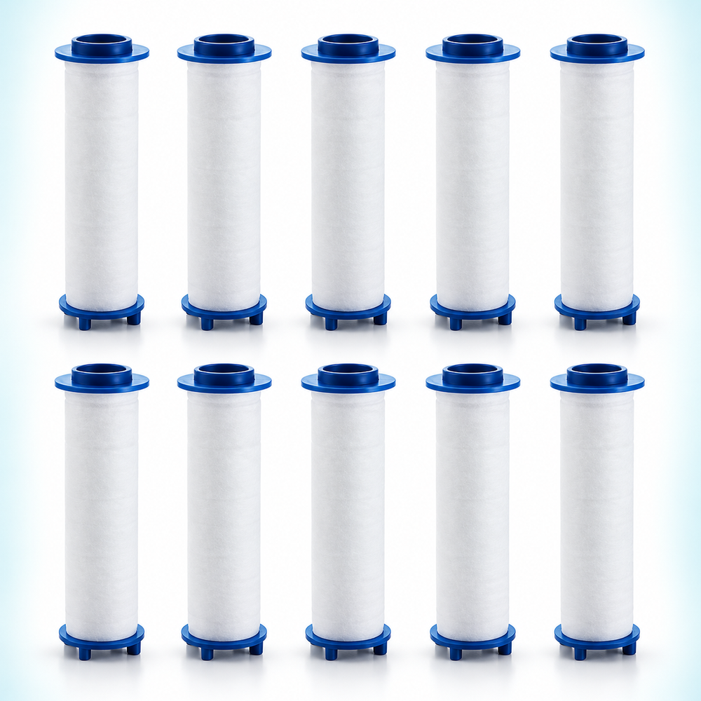 10 blue-cap PP cotton shower filter cartridges, 60 mm overall length