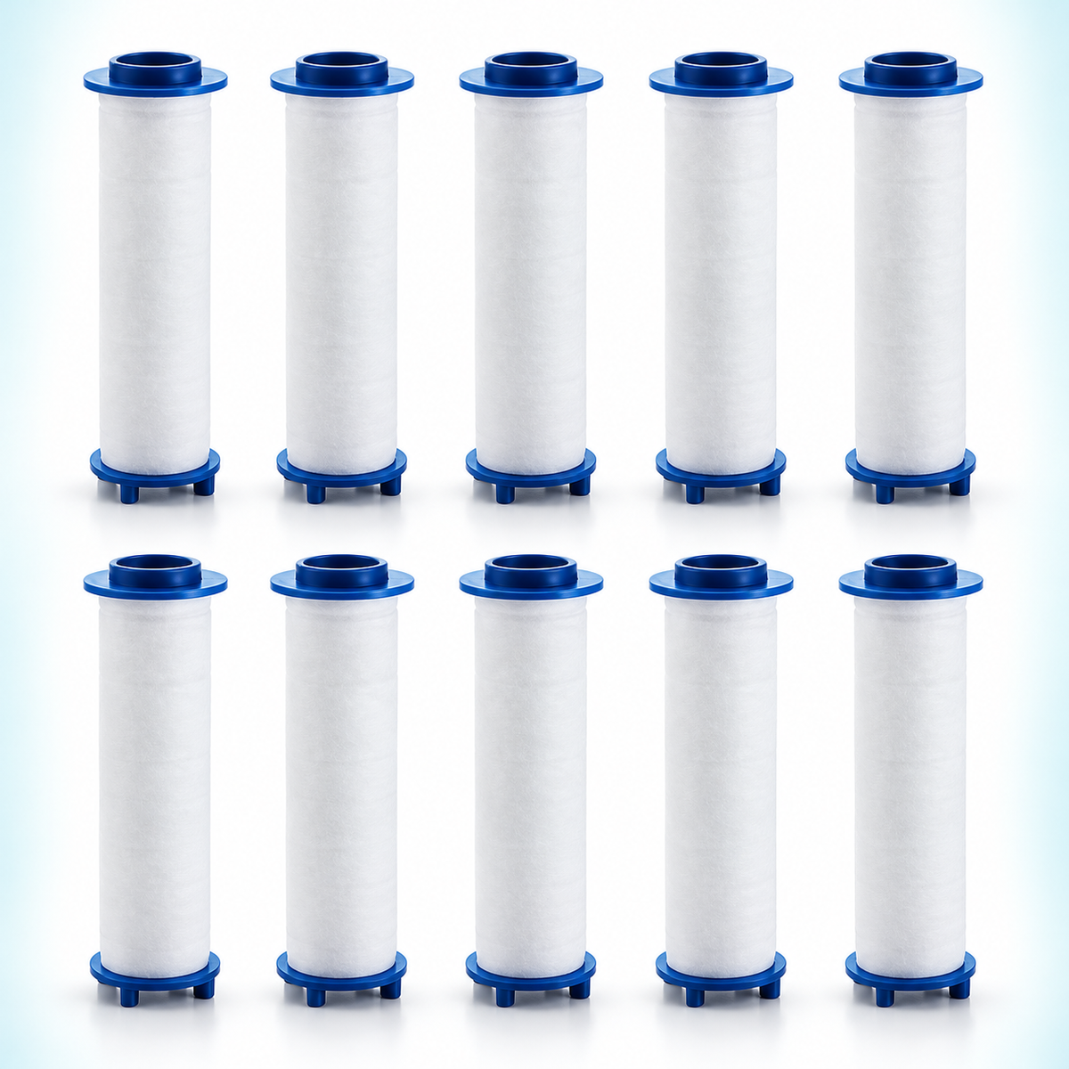 10 blue-cap PP cotton shower filter cartridges, 60 mm overall length