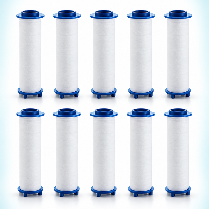 10 blue-cap PP cotton shower filter cartridges, 60 mm overall length