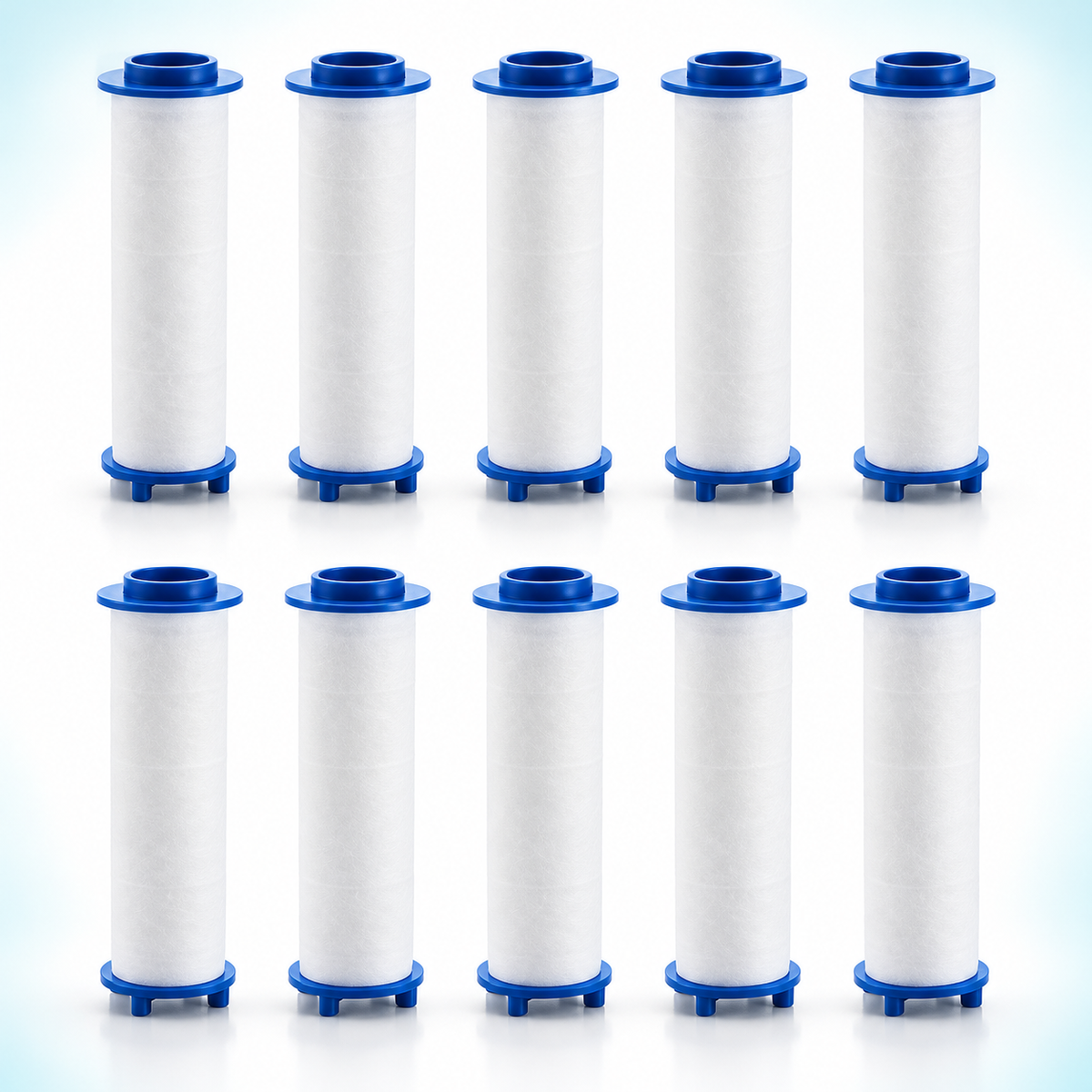 10 blue-cap PP cotton shower filter cartridges, 70 mm overall length