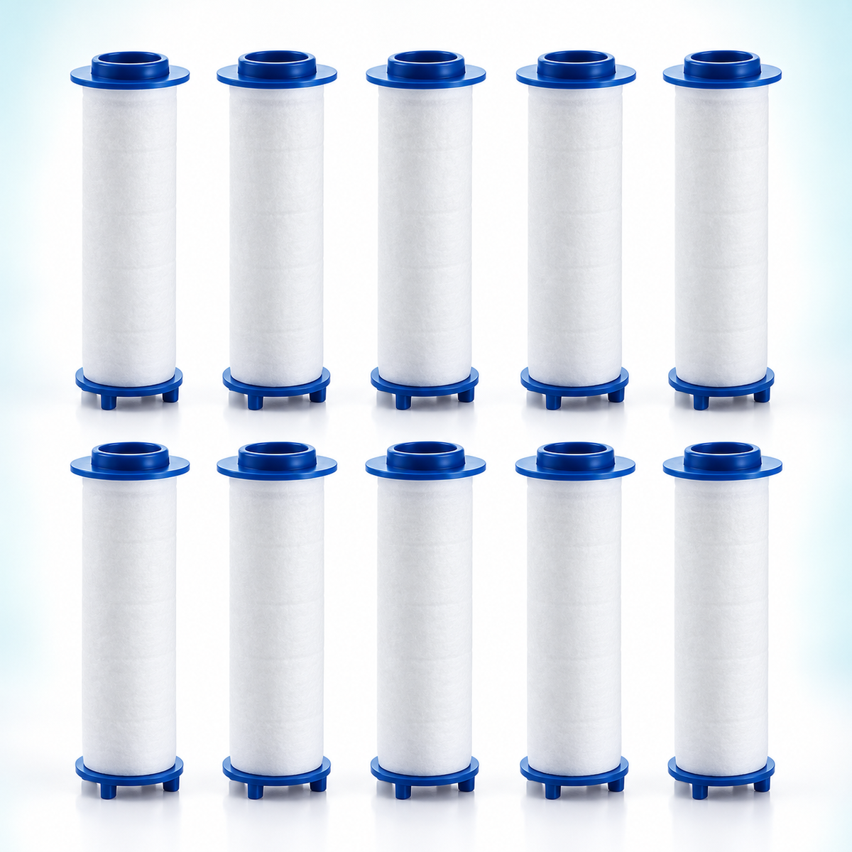 10 blue-cap PP cotton shower filter cartridges, 75 mm overall length