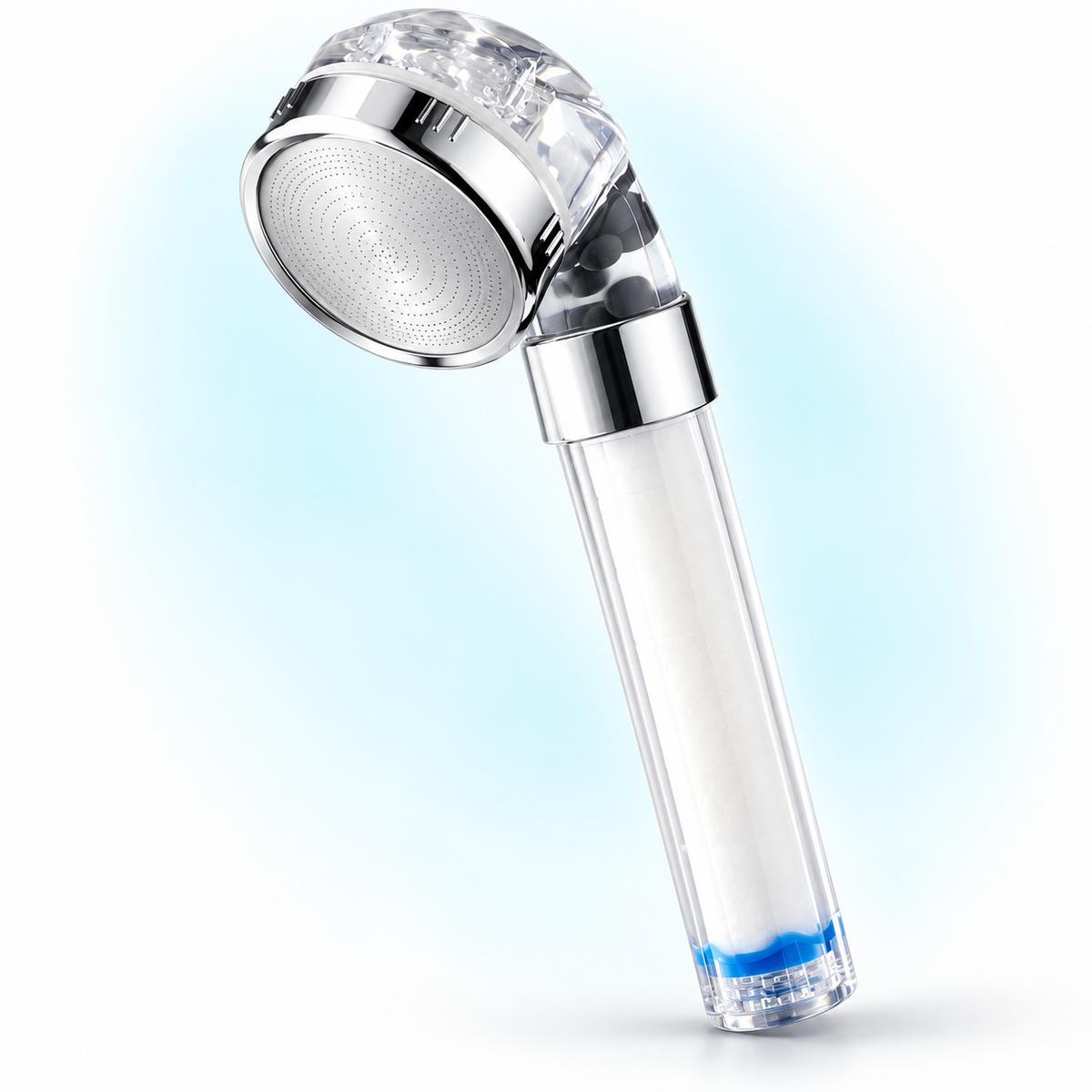 Clear handheld showerhead with white filter cartridge and chrome trim