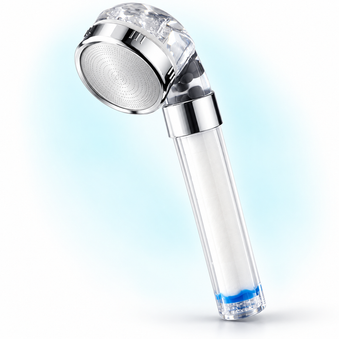 Clear handheld showerhead with white filter cartridge and chrome trim