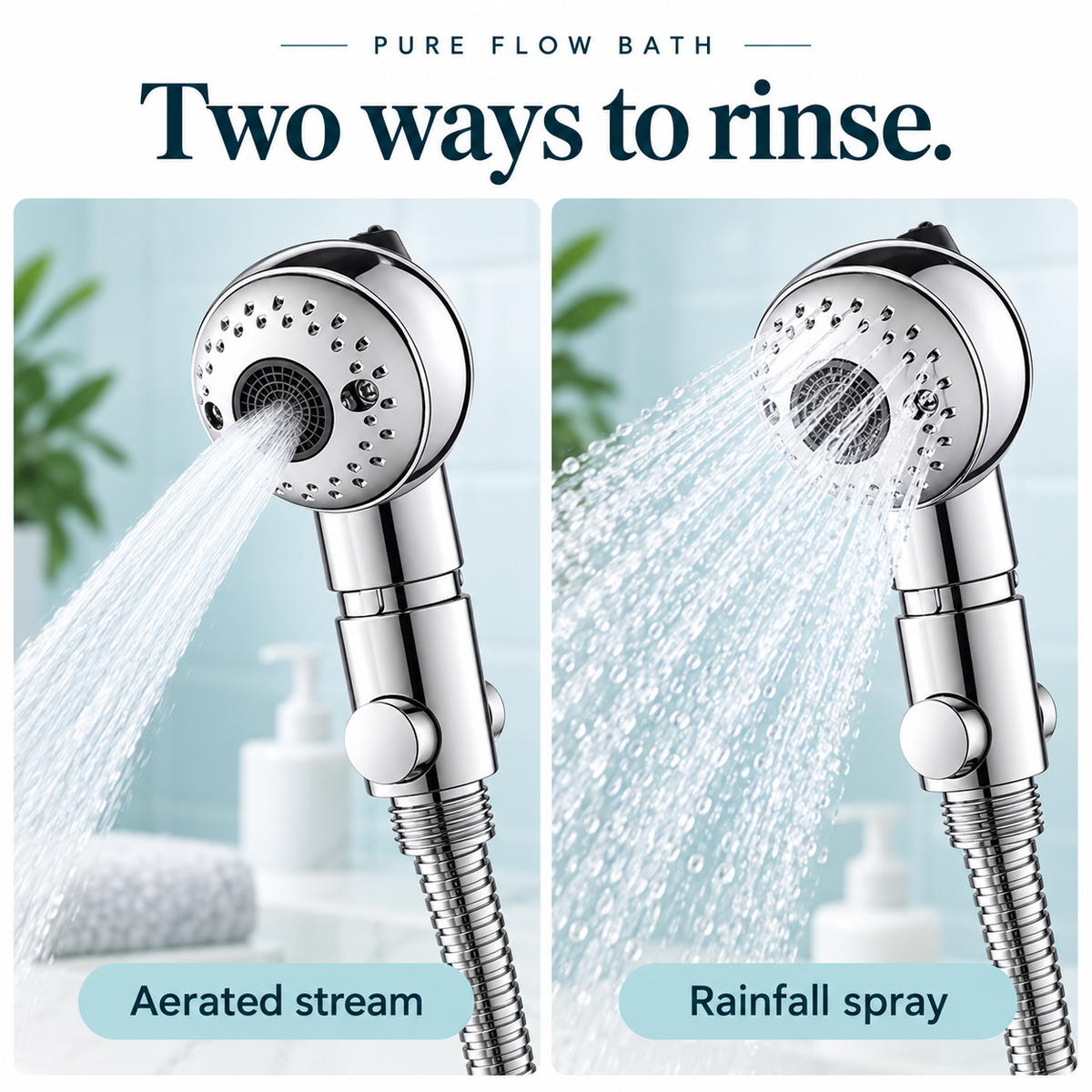 Pure Flow Bath silver compact bath showerhead modes view