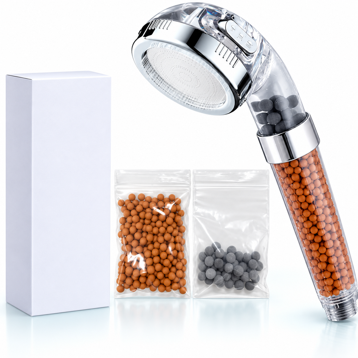 3-Mode Bead Filter Handheld Shower Head - Clear - Orange bead head + refill set + box
