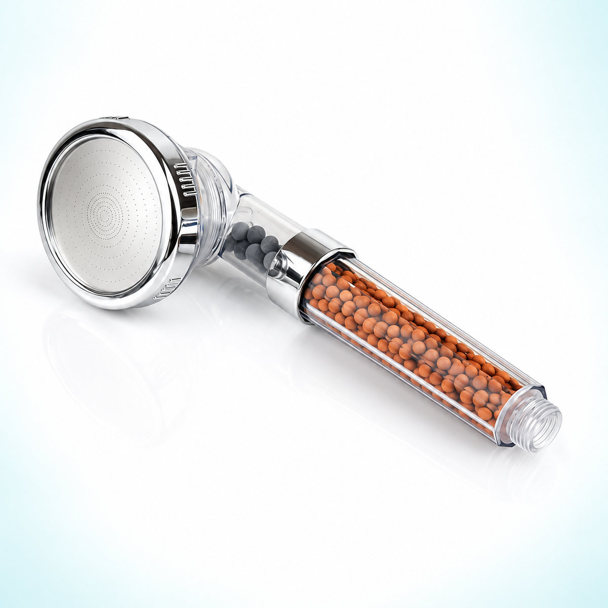 Three-mode bead handheld shower head in clear with chrome trim