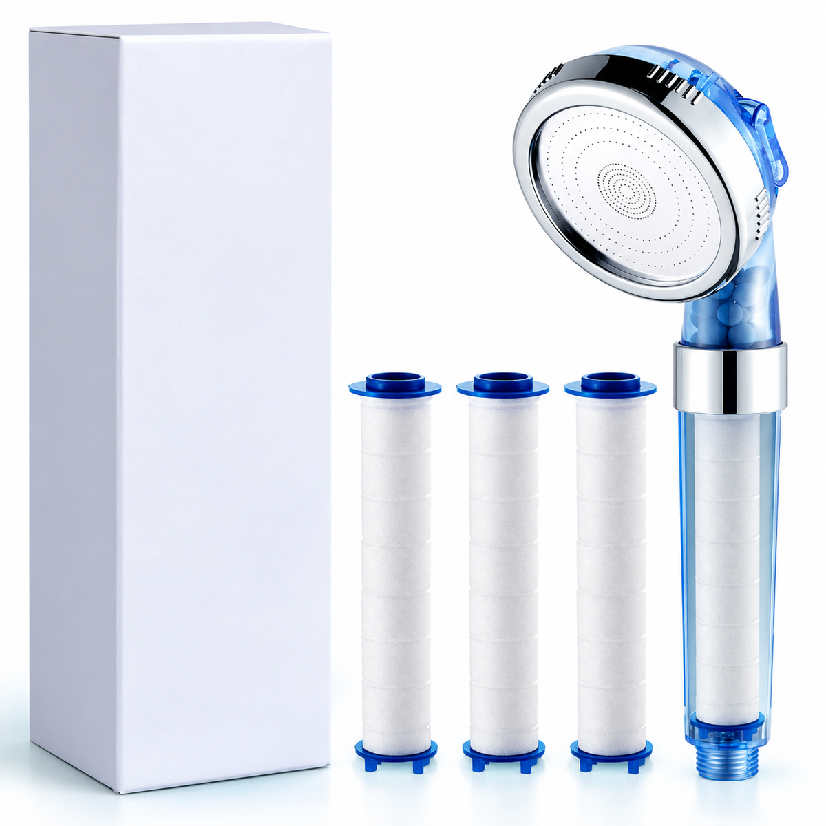 3-Mode Filtered Handheld Shower Head with Replaceable Cartridge - Sky blue - 3 PP cartridges + box