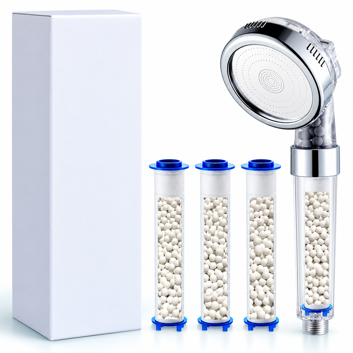 3-Mode Filtered Handheld Shower Head with Replaceable Cartridge - Clear - Calcium sulfite head + 3 cartridges + box