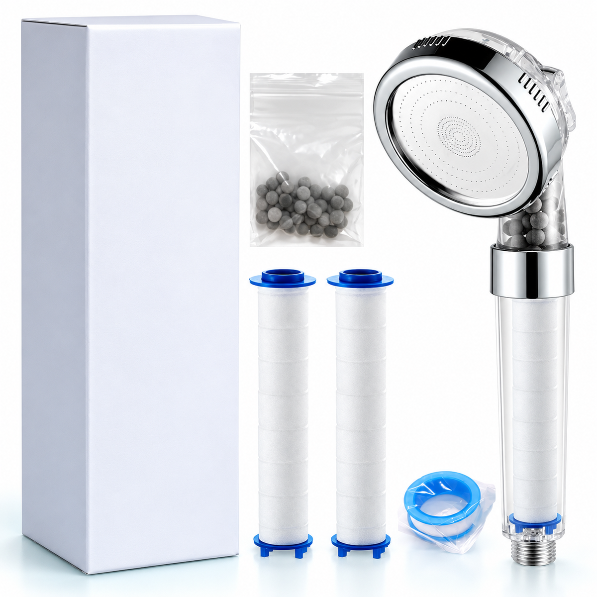 3-Mode Filtered Handheld Shower Head with Replaceable Cartridge - Clear - 2 PP cartridges + beads + tape + box