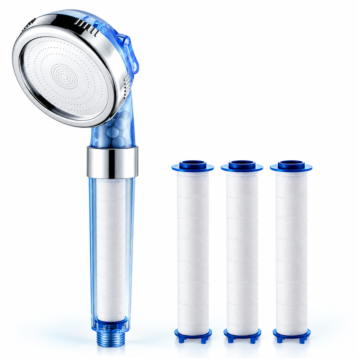 3-Mode Filtered Handheld Shower Head with Replaceable Cartridge - Sky blue - 3 extra PP cartridges