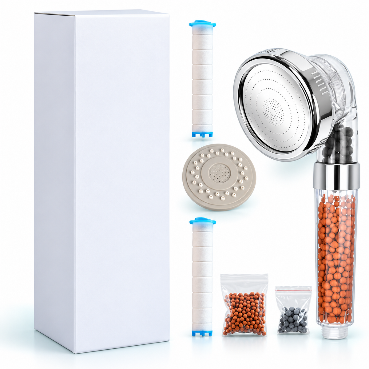 Classic 3-Mode Filter Handheld Shower Head - Clear - Bead head + 2 cartridges + spray plate + refills + box