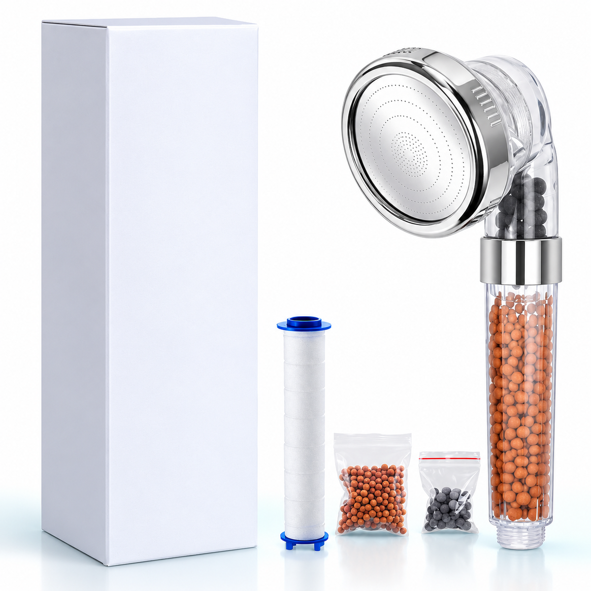 Classic 3-Mode Filter Handheld Shower Head - Clear - Bead head + 1 cartridge + refills + box