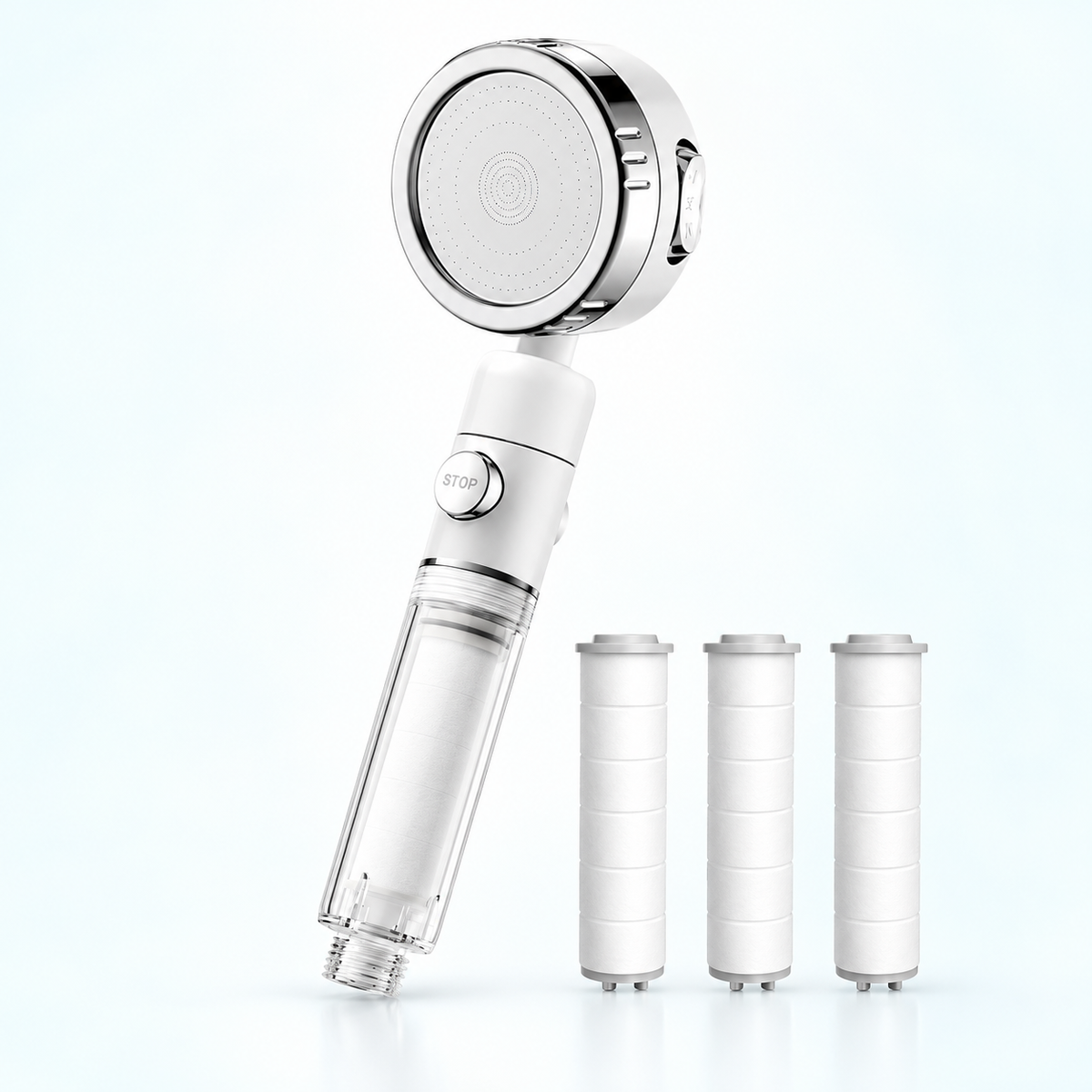 Three-mode clear-handle filtered showerhead - White / 3 spare filters