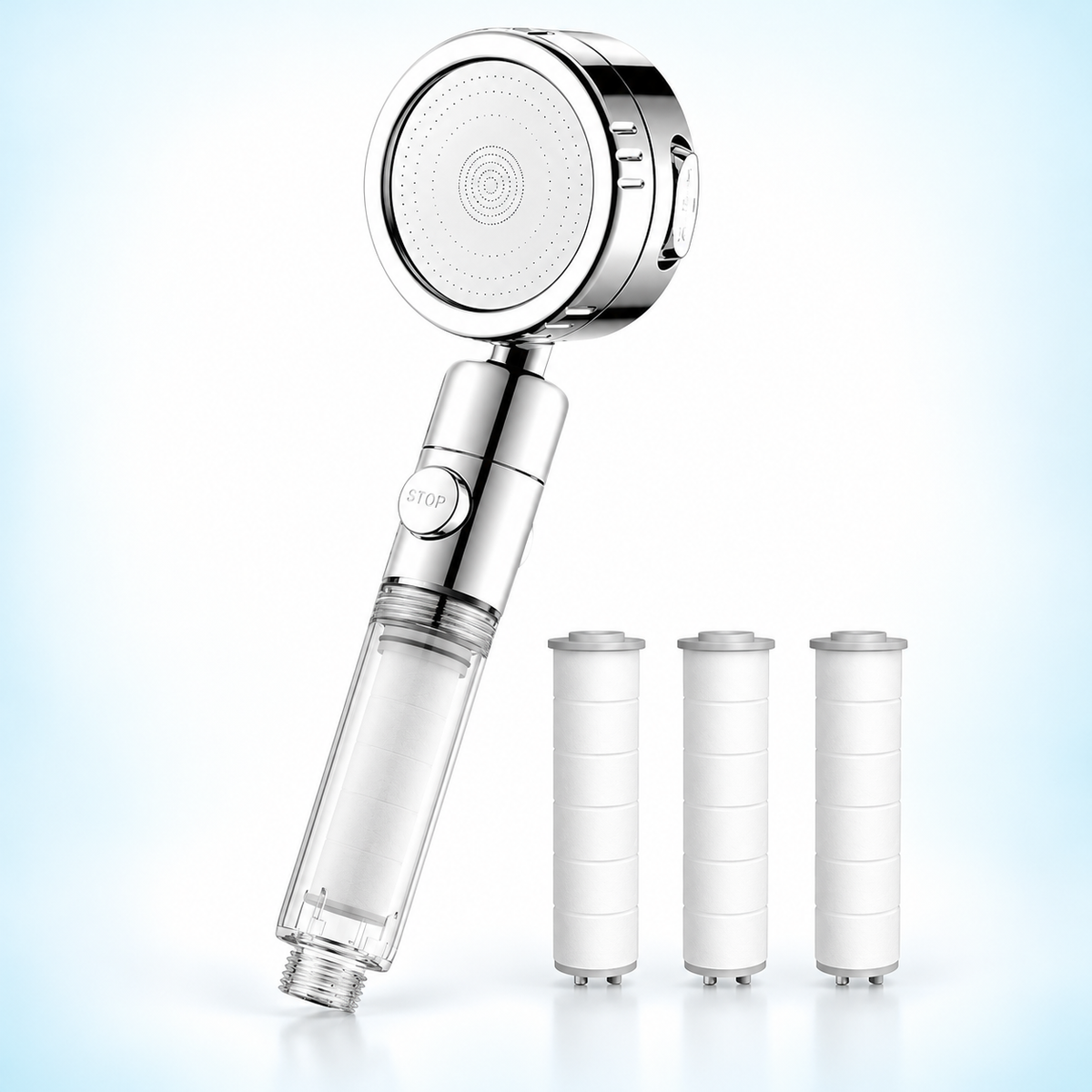 Three-mode clear-handle filtered showerhead - Silver / 3 spare filters
