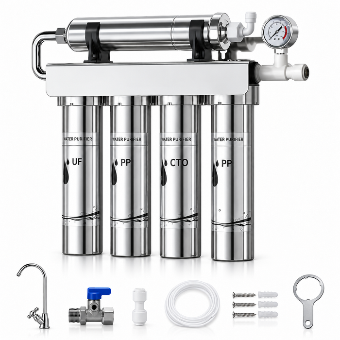 Five-stage stainless ultrafiltration kit with plastic connections and installation accessories
