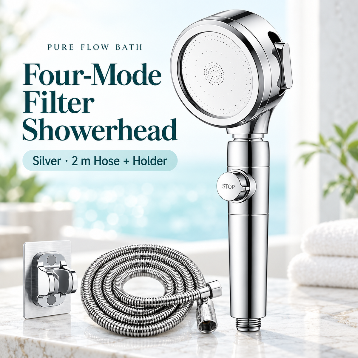 Pure Flow Bath Silver · 2 m Hose + Holder