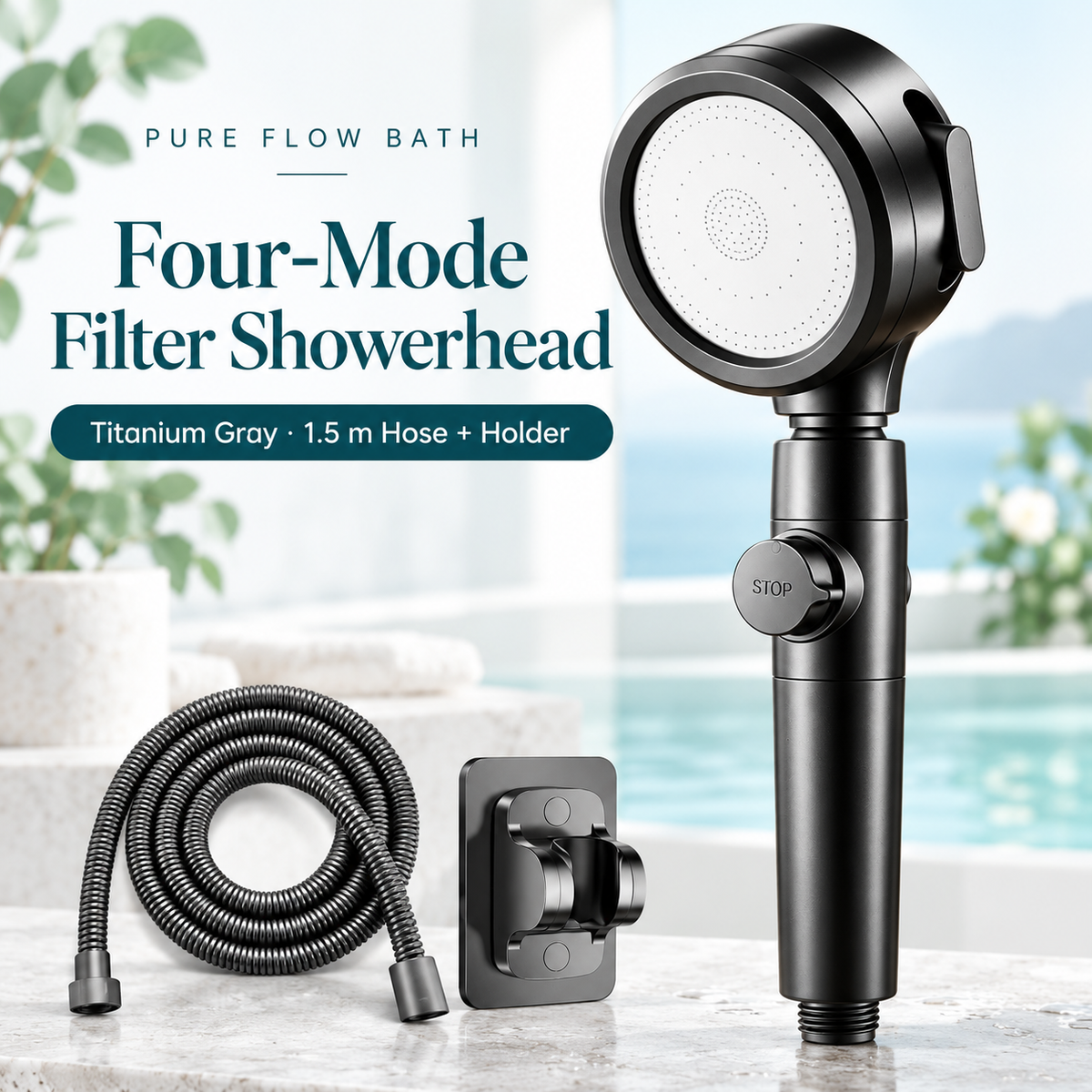 Pure Flow Bath Titanium Gray · 1.5 m Hose + Holder