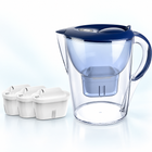 blue 3.5 L filter pitcher with 3 separate white filter cartridges