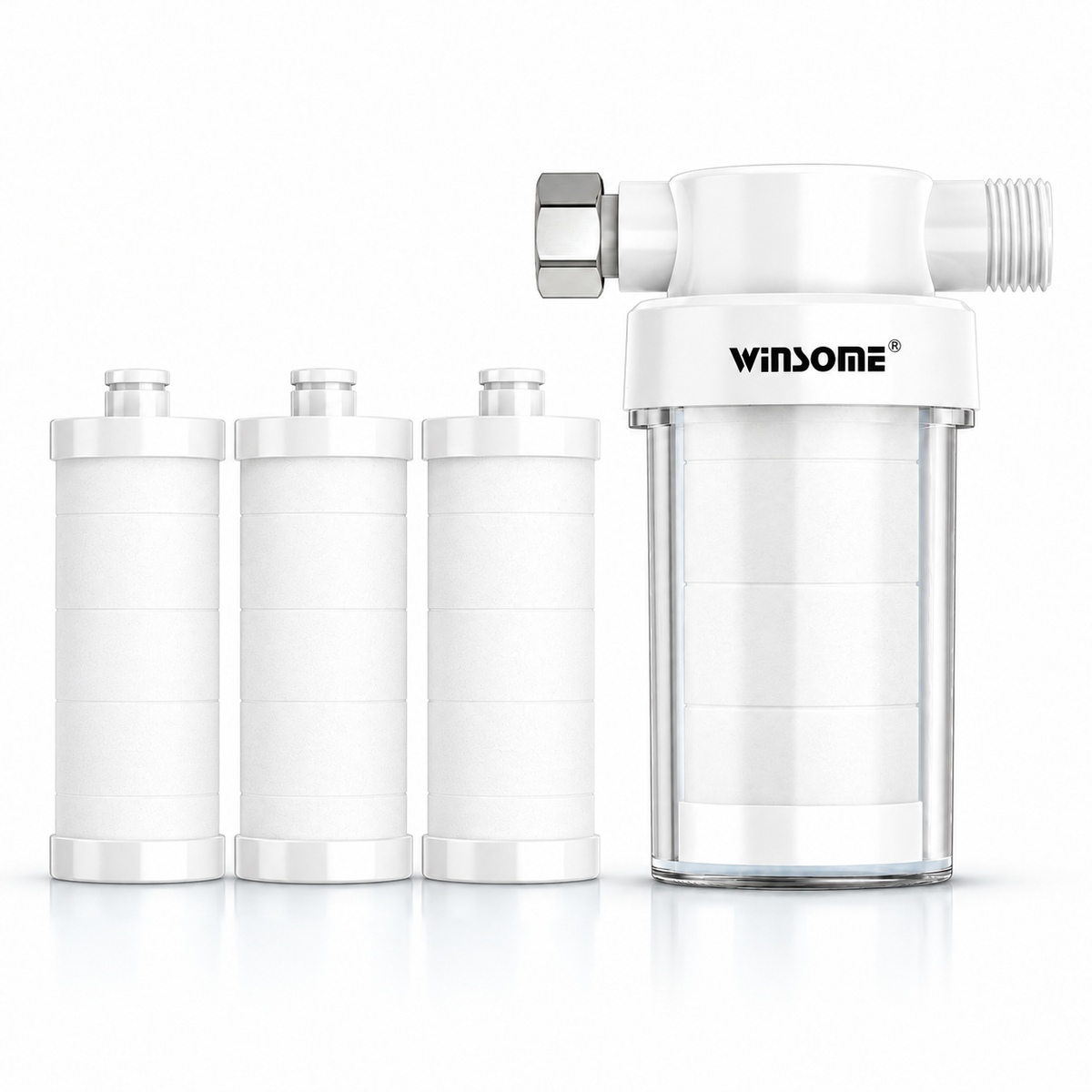 White inline water filter with three spare cartridges
