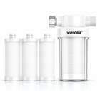 White inline water filter with three spare cartridges