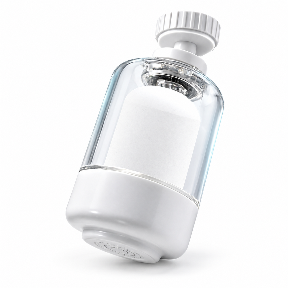 clear faucet filter with white ceramic cartridge and swivel connector