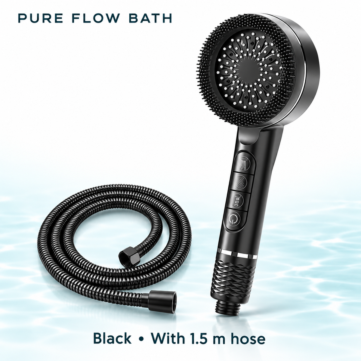 Pure Flow Bath Piano Showerhead — Black, With 1.5 m hose
