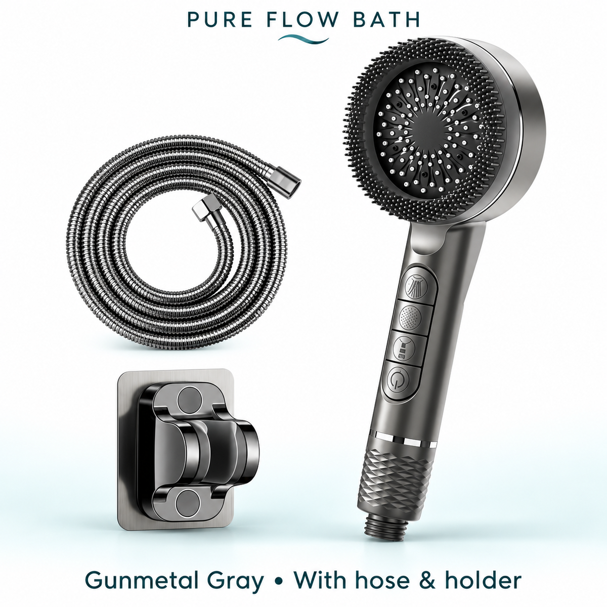 Pure Flow Bath Piano Showerhead — Gunmetal Gray, With hose & holder