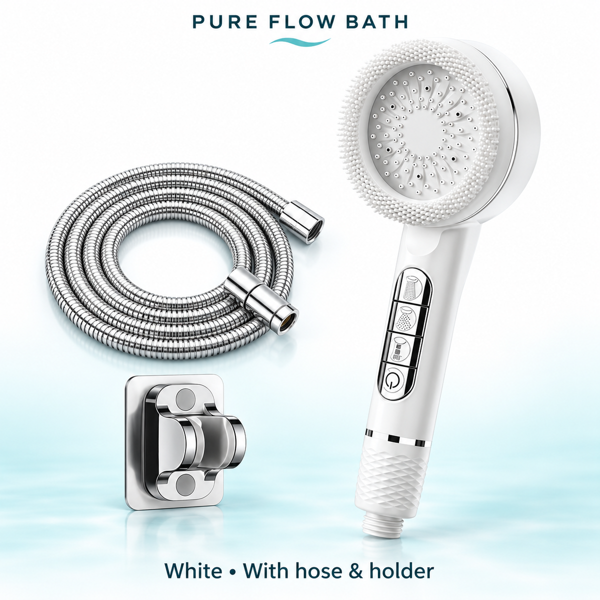 Pure Flow Bath Piano Showerhead — White, With hose & holder
