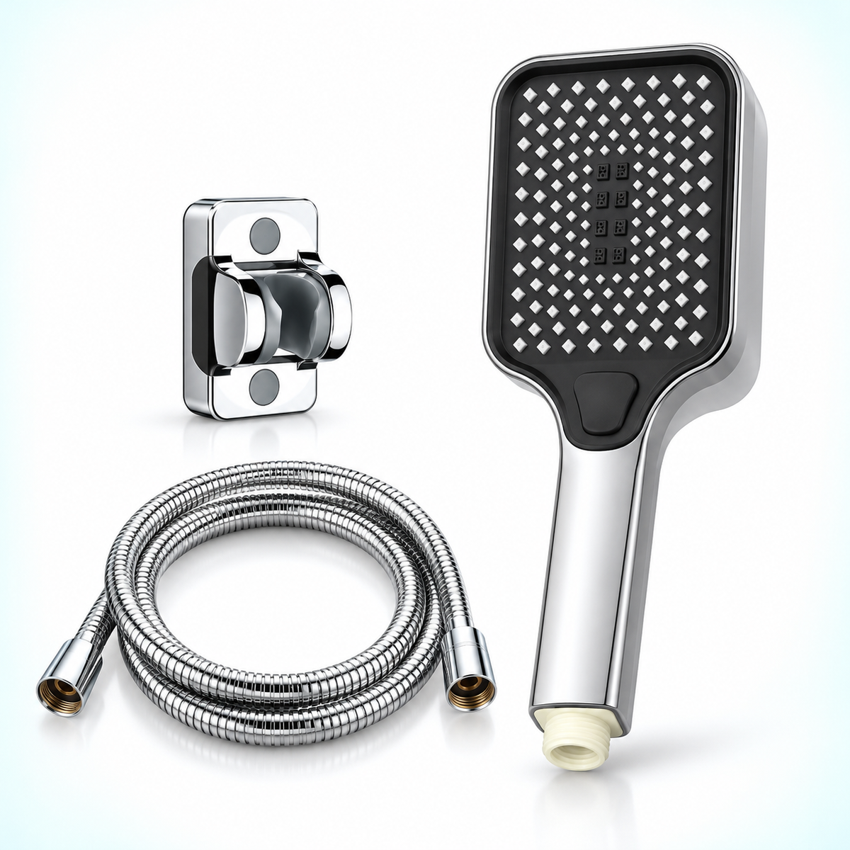 Three-mode rectangular handheld shower head in Chrome, Head + Holder + 1.5 m Hose