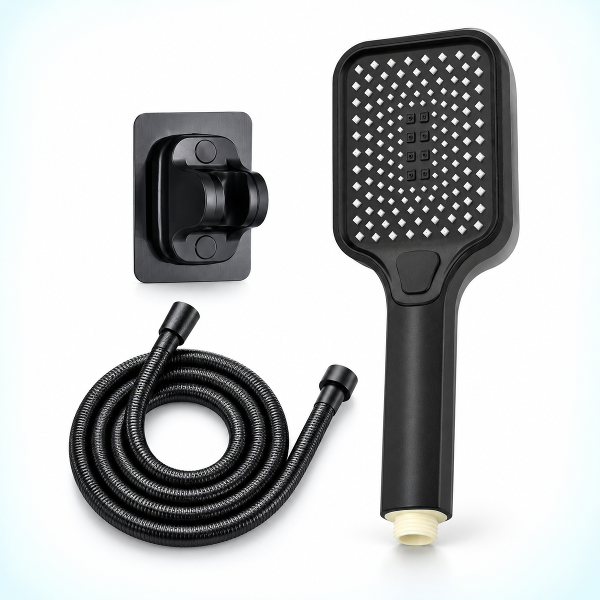 Three-mode rectangular handheld shower head in Black, Head + Holder + 1.5 m Hose