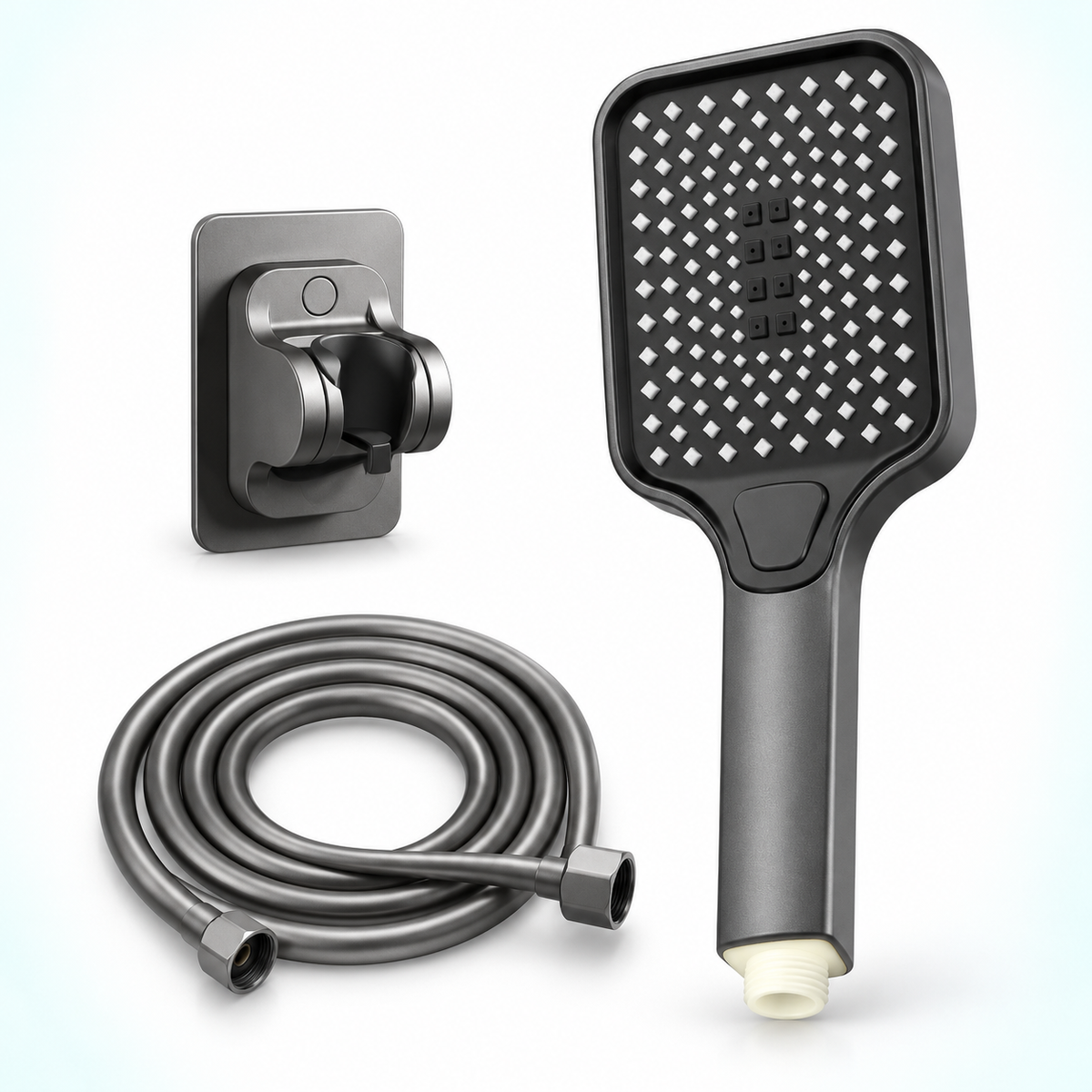 Three-mode rectangular handheld shower head in Gunmetal Grey, Head + Holder + 1.5 m Hose