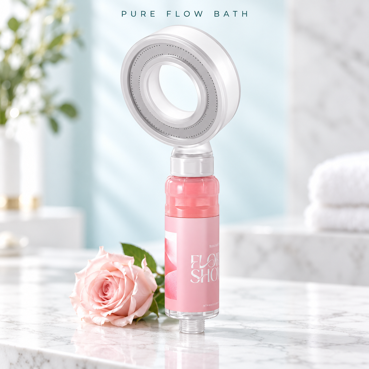 White ring showerhead and pink fragrance filter in a spa setting